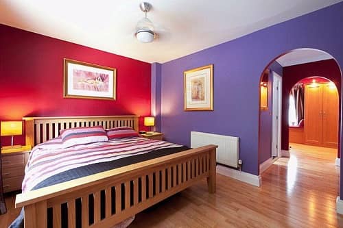 red and purple colour combination for living room